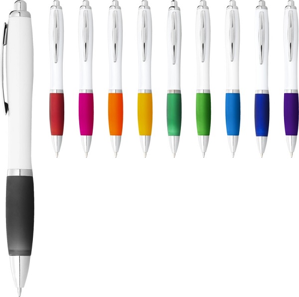 Nash / Curvy Ballpoint Pen - White Barrel & Colour Grip - Blue Ink
